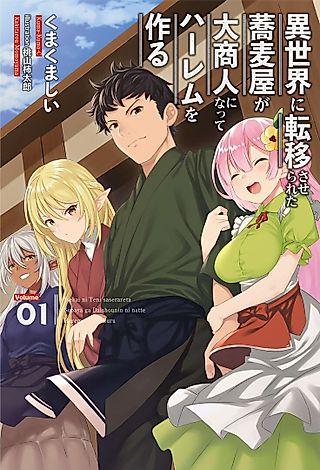 Cover image for the novel called Isekai ni Teni Saserareta Sobaya ga Dai Shounin ni Natte Harem wo Tsukuru