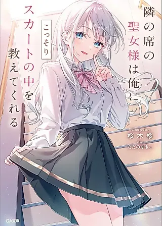 Cover image for the novel called Tonari no Seki no Seijo-sama wa Ore ni Kossori Sukaato no Naka wo Oshiete Kureru